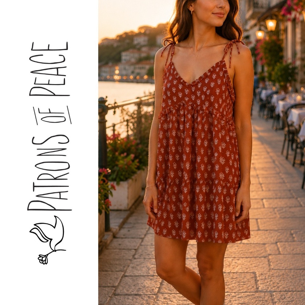 Patrons of Peace, Rust White Leaf Print Tie Strap Mini Dress Size Large